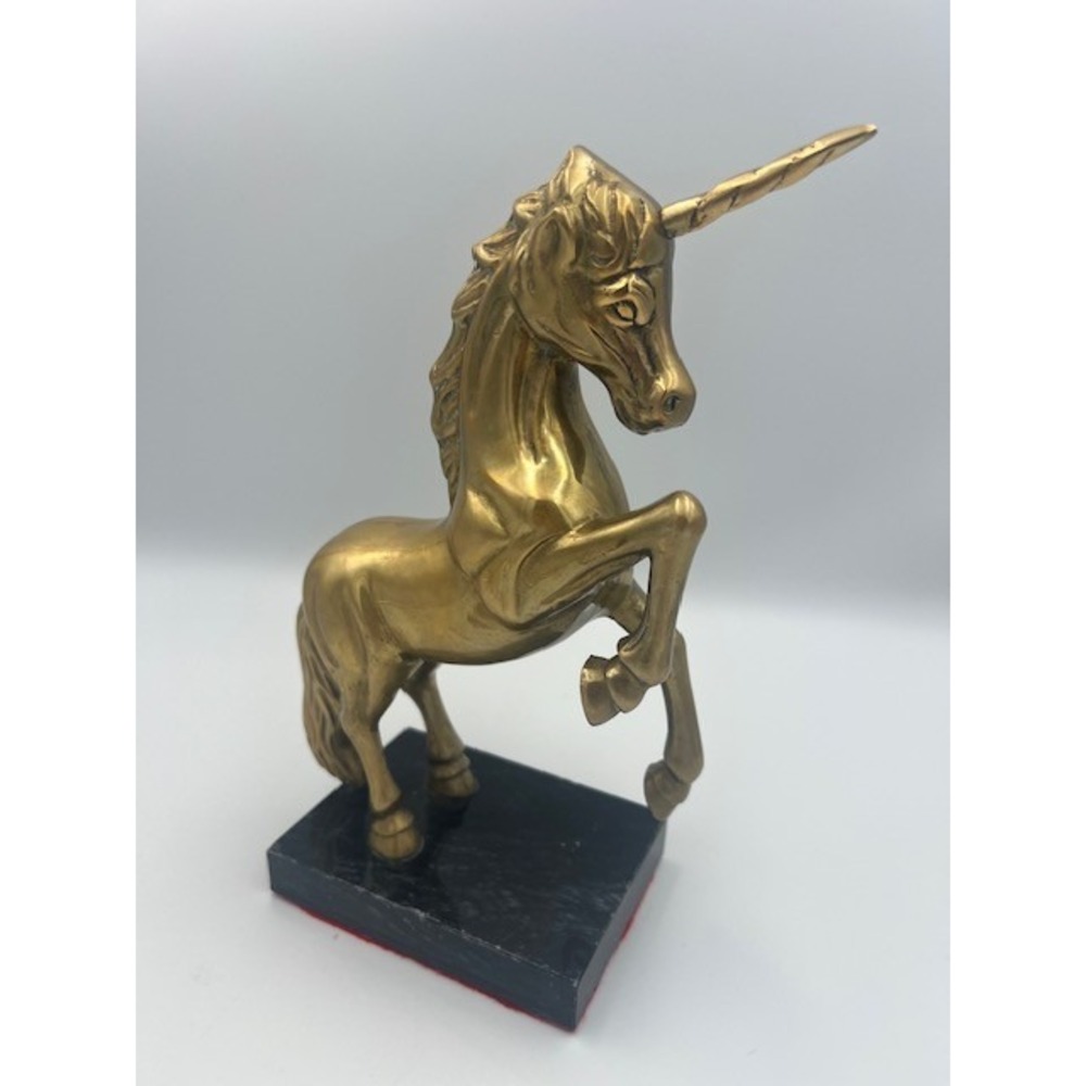 Vintage Brass Rearing Unicorn Figurine Black Marble Base Gold Tone Statue 10.25
